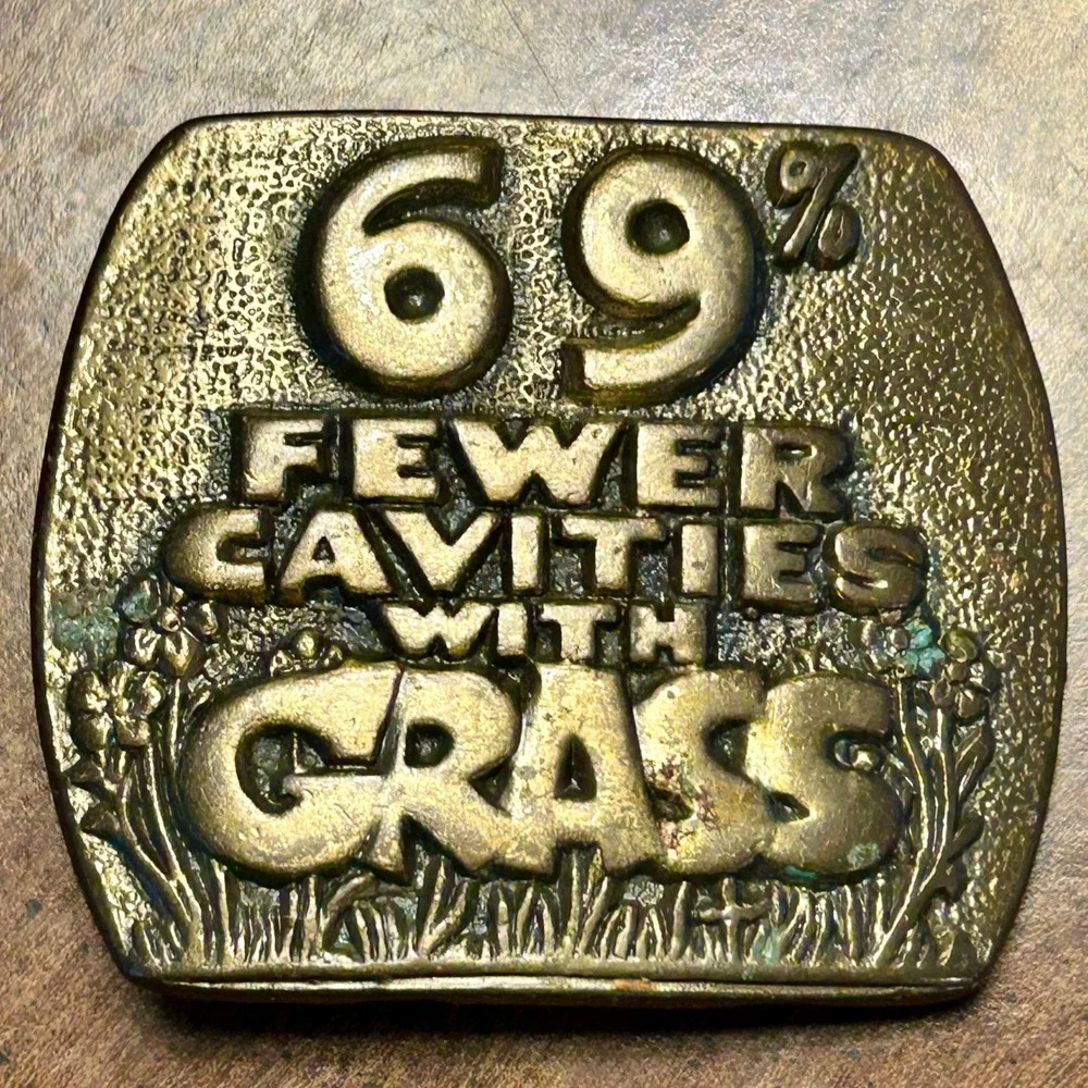 Belt Buckle OS Brass 69% Fewer Cavities With Grass Vintage 70s Novelty 3235